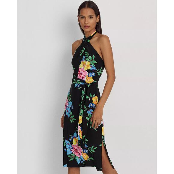 Lauren Ralph Lauren Floral Halter Dress Knee Length Stretch Jersey US 18 NWT - Picture 1 of 16